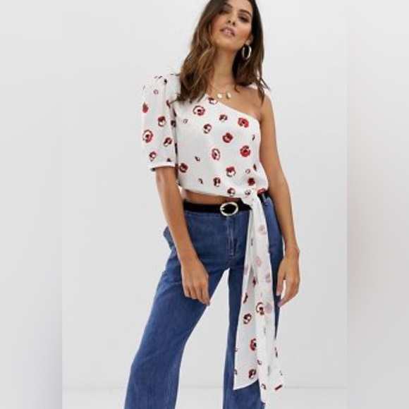 Skylar Rose White and Red Floral One Shoulder Drape Top - Picture 1 of 8